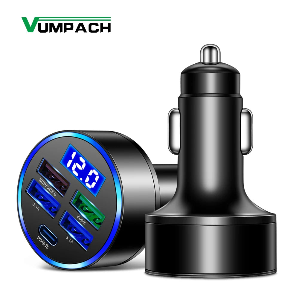 250W Car Charger – 5-Port Fast Charging (USB-C + PD/QC3.0)