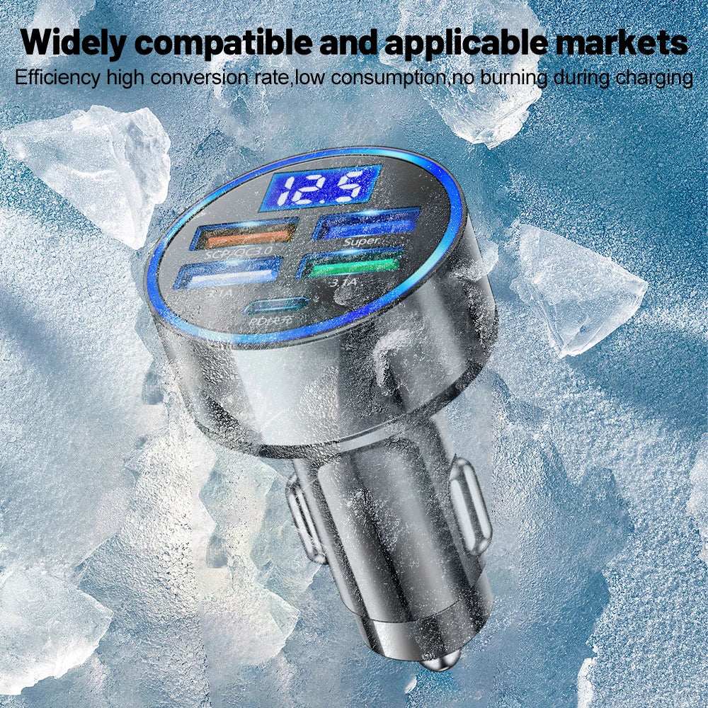 250W Car Charger – 5-Port Fast Charging (USB-C + PD/QC3.0)