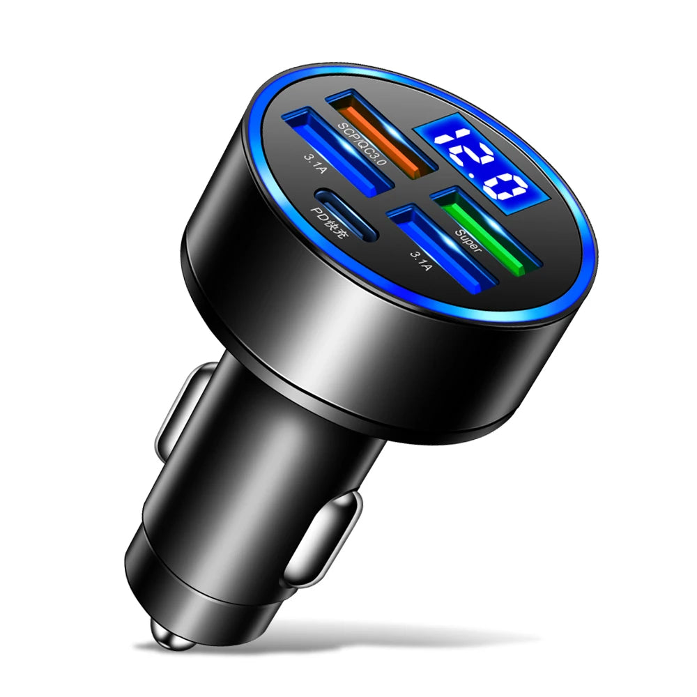 250W Car Charger – 5-Port Fast Charging (USB-C + PD/QC3.0)