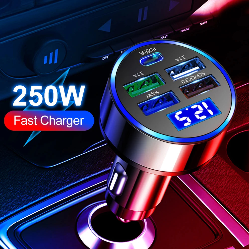250W Car Charger – 5-Port Fast Charging (USB-C + PD/QC3.0)