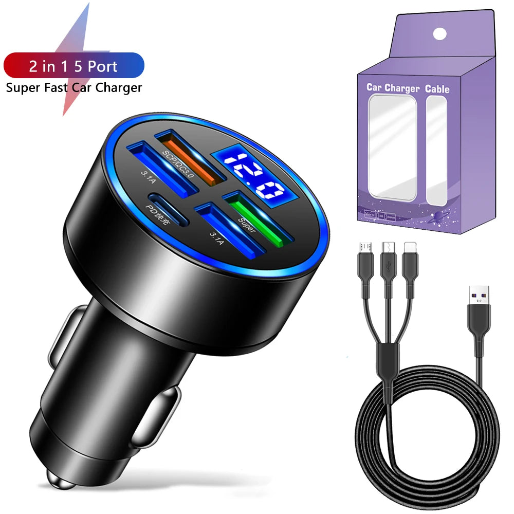 250W Car Charger – 5-Port Fast Charging (USB-C + PD/QC3.0)
