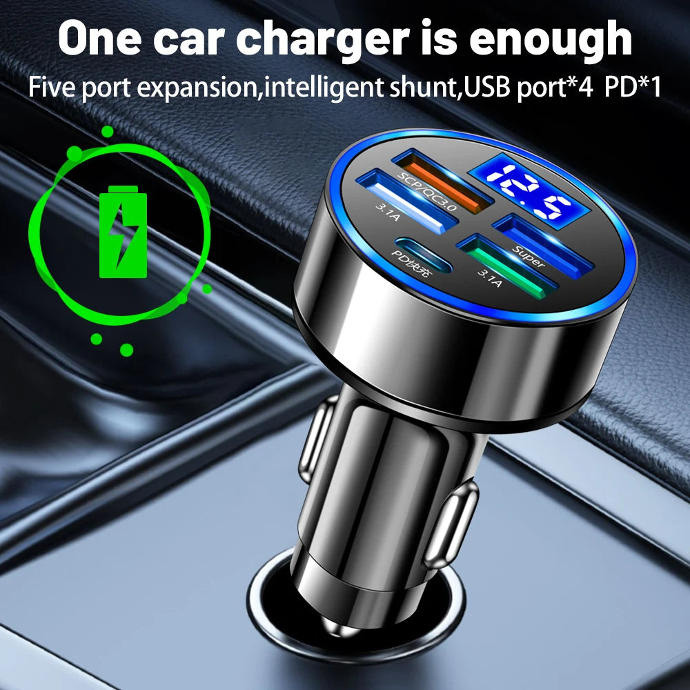 250W Car Charger – 5-Port Fast Charging (USB-C + PD/QC3.0)